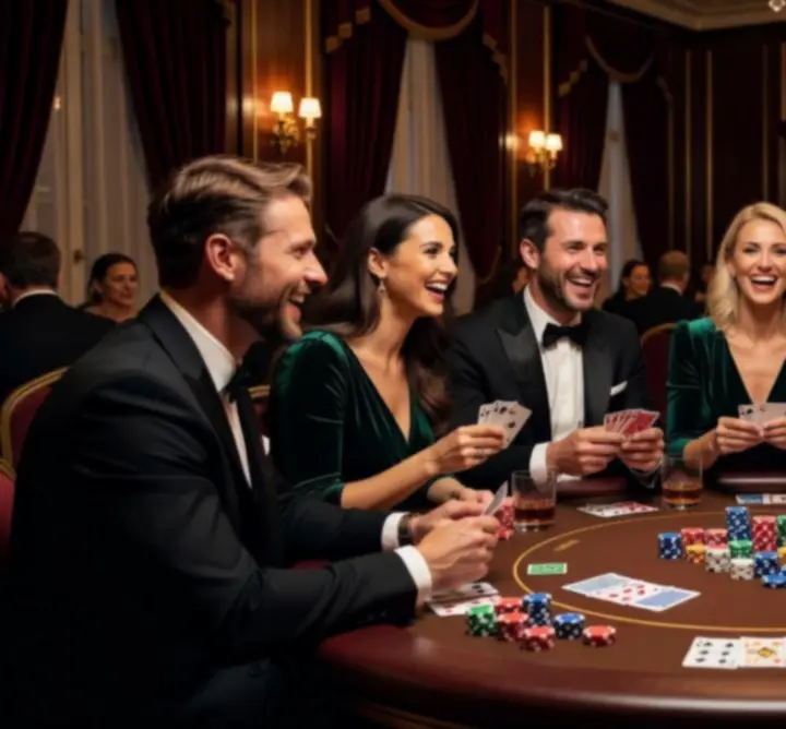 Goście bawiący się przy stole pokerowym podczas eleganckiego eventu