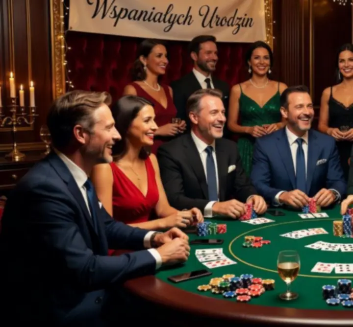 Uśmiechnięci pracownicy firmy bawiący się przy stole pokerowym w eleganckim wnętrzu na evencie integracyjnym.