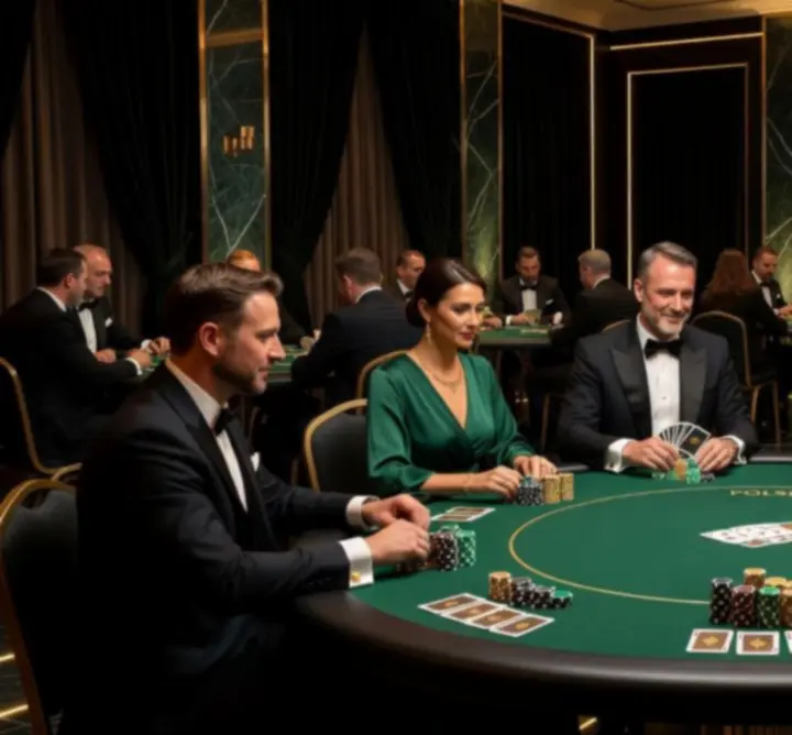 Elegancka aranżacja stołów pokerowych przygotowanych na ekskluzywny event firmowy