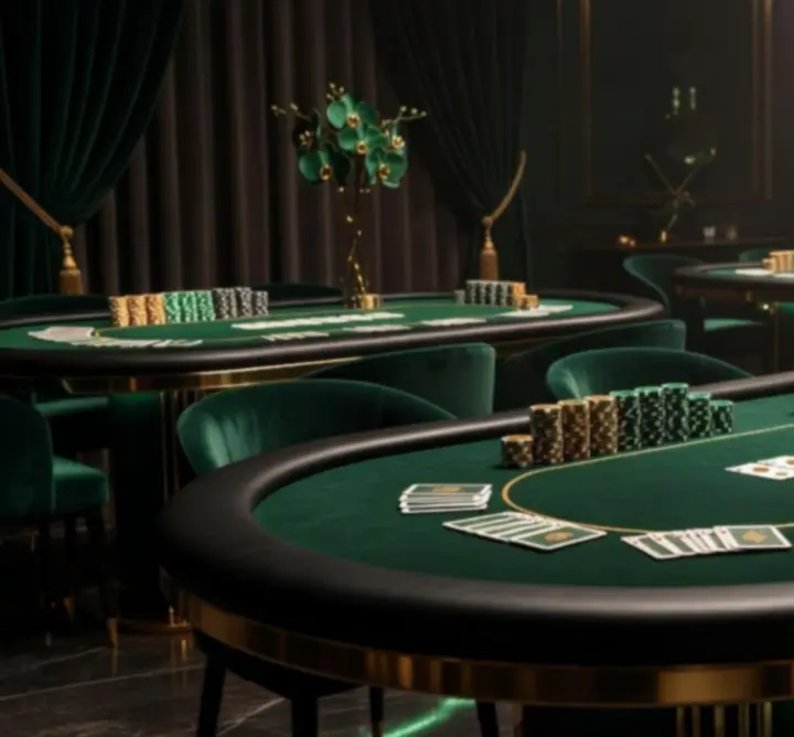 Profesjonalna aranżacja eventu pokerowego z luksusowymi stołami i oświetleniem