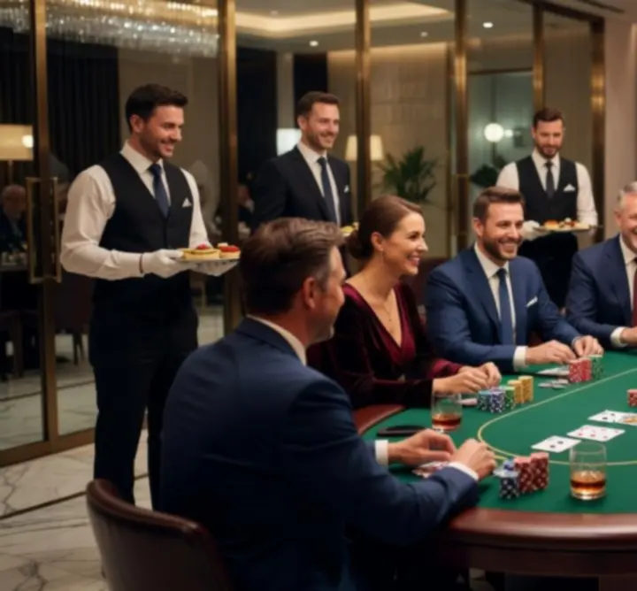 Goście bawiący się przy stołach pokerowych podczas popularnych pakietów eventowych