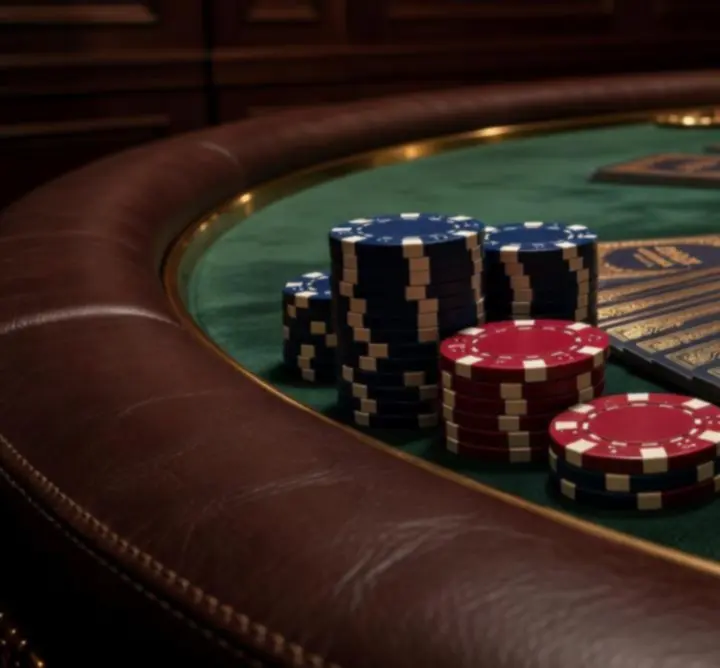 Zbliżenie na eleganckie żetony i karty do pokera ułożone na zielonym pokerowym suknie.