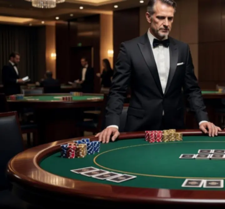 Profesjonalny krupier prowadzący rozgrywkę przy stole pokerowym