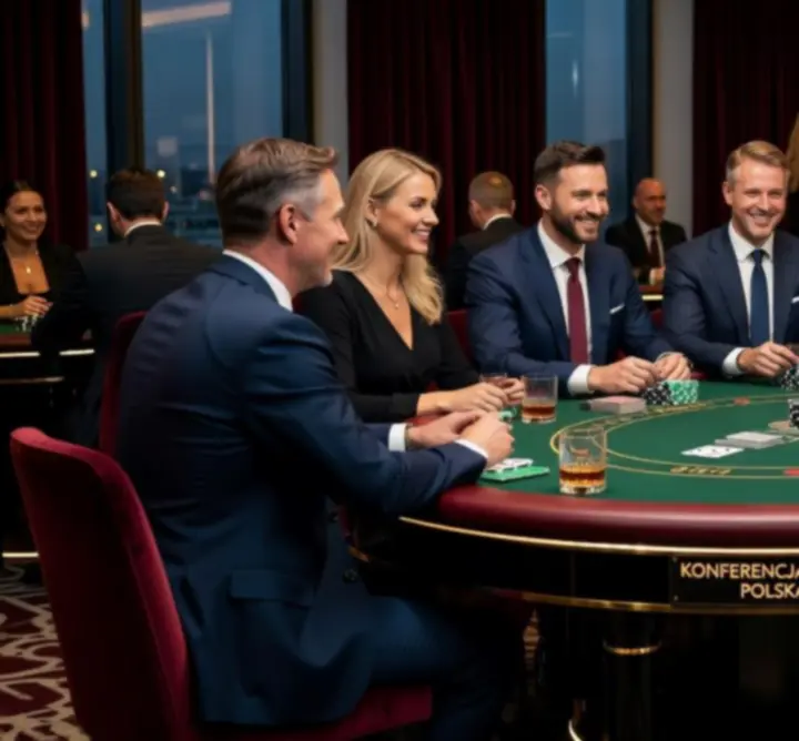 Uczestnicy imprezy firmowej grający przy profesjonalnym stole pokerowym w eleganckiej sali eventowej.