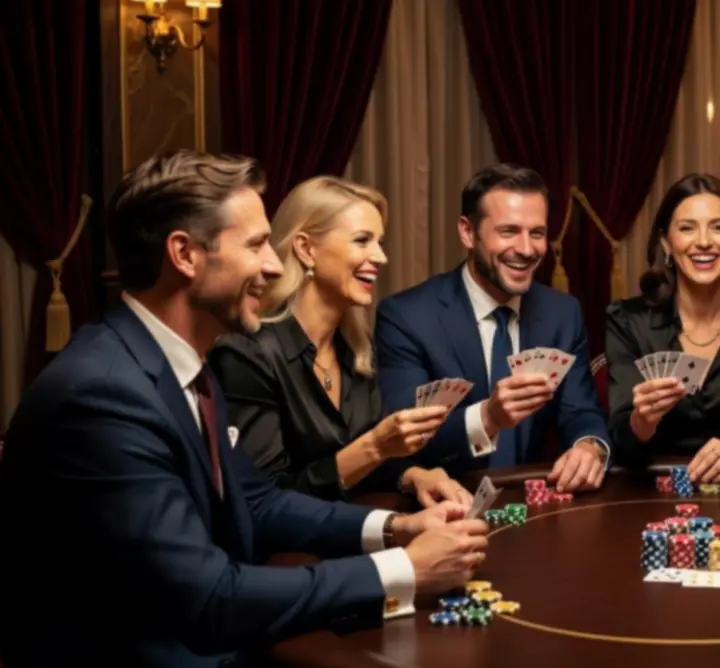 Goście bawiący się przy luksusowym stole pokerowym