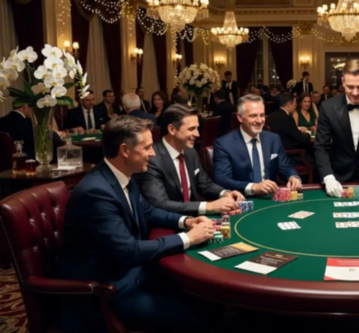 Uczestnicy grają w pokera podczas eleganckiego eventu firmowego